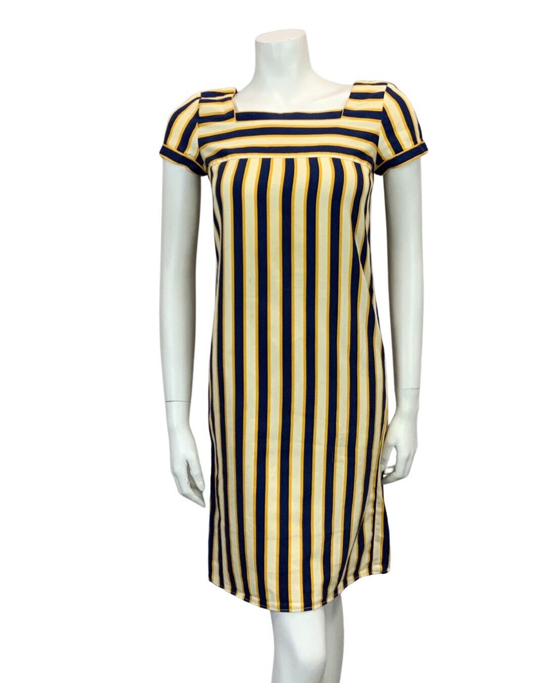 VINTAGE 60s 70s NAVY BLUE YELLOW CREAM STRIPED MINI DRESS 8