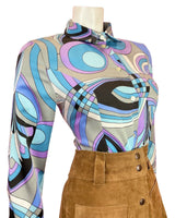 VTG 60s 70s SILVER BLUE PURPLE BLACK PSYCHEDELIC SWIRLY MOD BLOUSE SHIRT 12 14