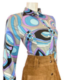 VTG 60s 70s SILVER BLUE PURPLE BLACK PSYCHEDELIC SWIRLY MOD BLOUSE SHIRT 12 14