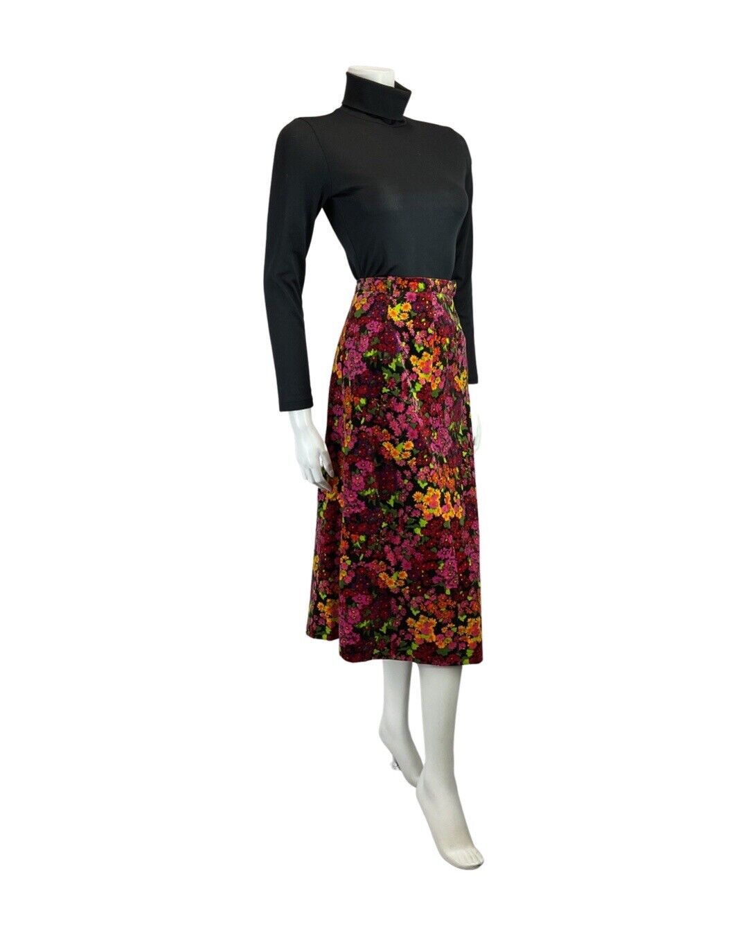 VINTAGE 60s 70s PINK YELLOW BLACK FLOWER POWER VELVET MIDI SKIRT 8 10