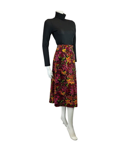 VINTAGE 60s 70s PINK YELLOW BLACK FLOWER POWER VELVET MIDI SKIRT 8 10