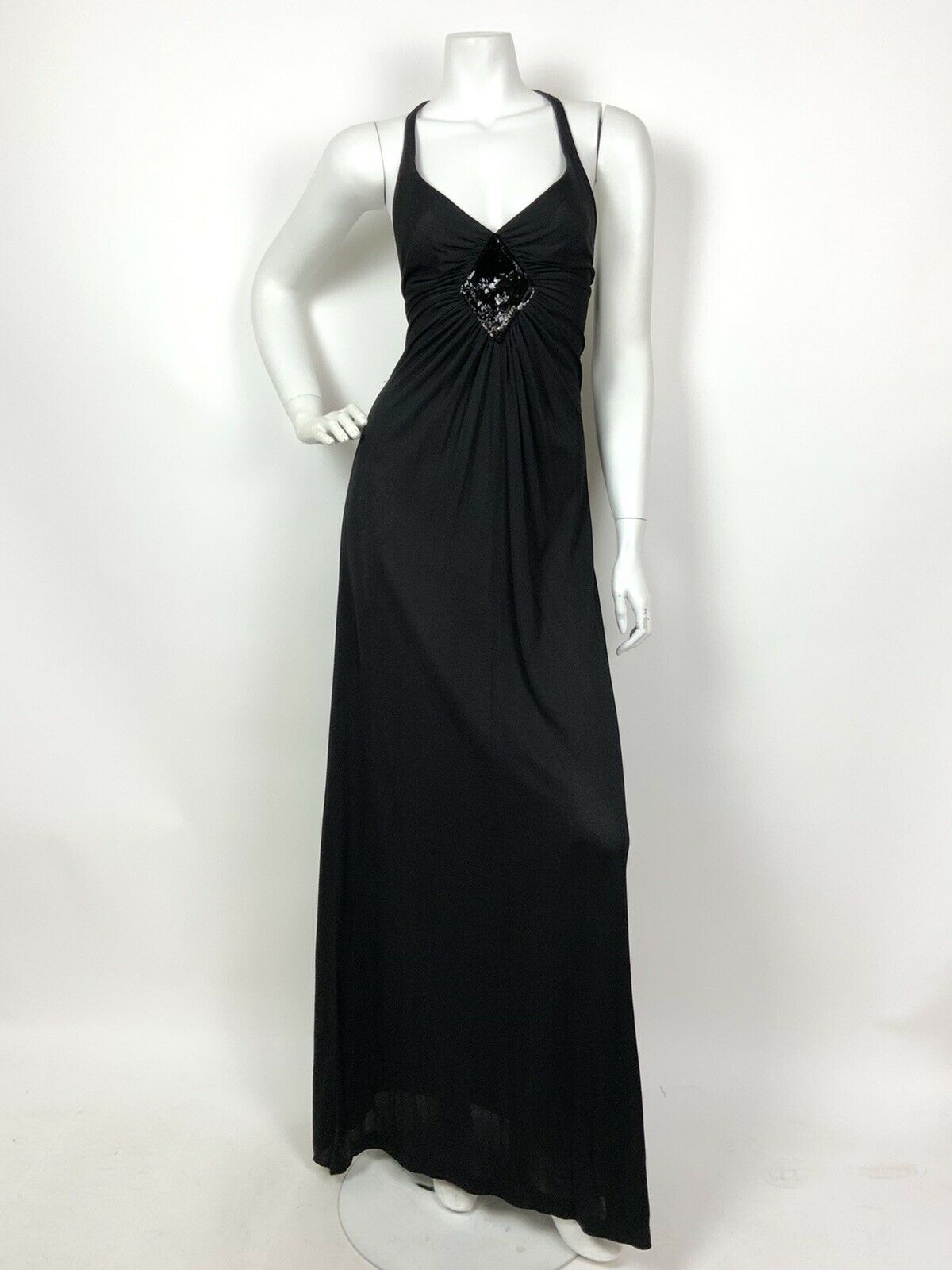 VINTAGE 60s 70s BLACK SEQUIN STRAPPY DISCO GLAM MAXI DRESS 12 14