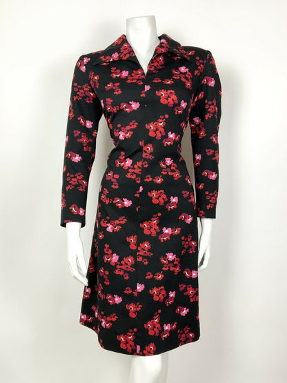 VINTAGE 60s 70s BLACK RED PINK PURPLE FLORAL WING COLLAR SHIFT DRESS 12 14