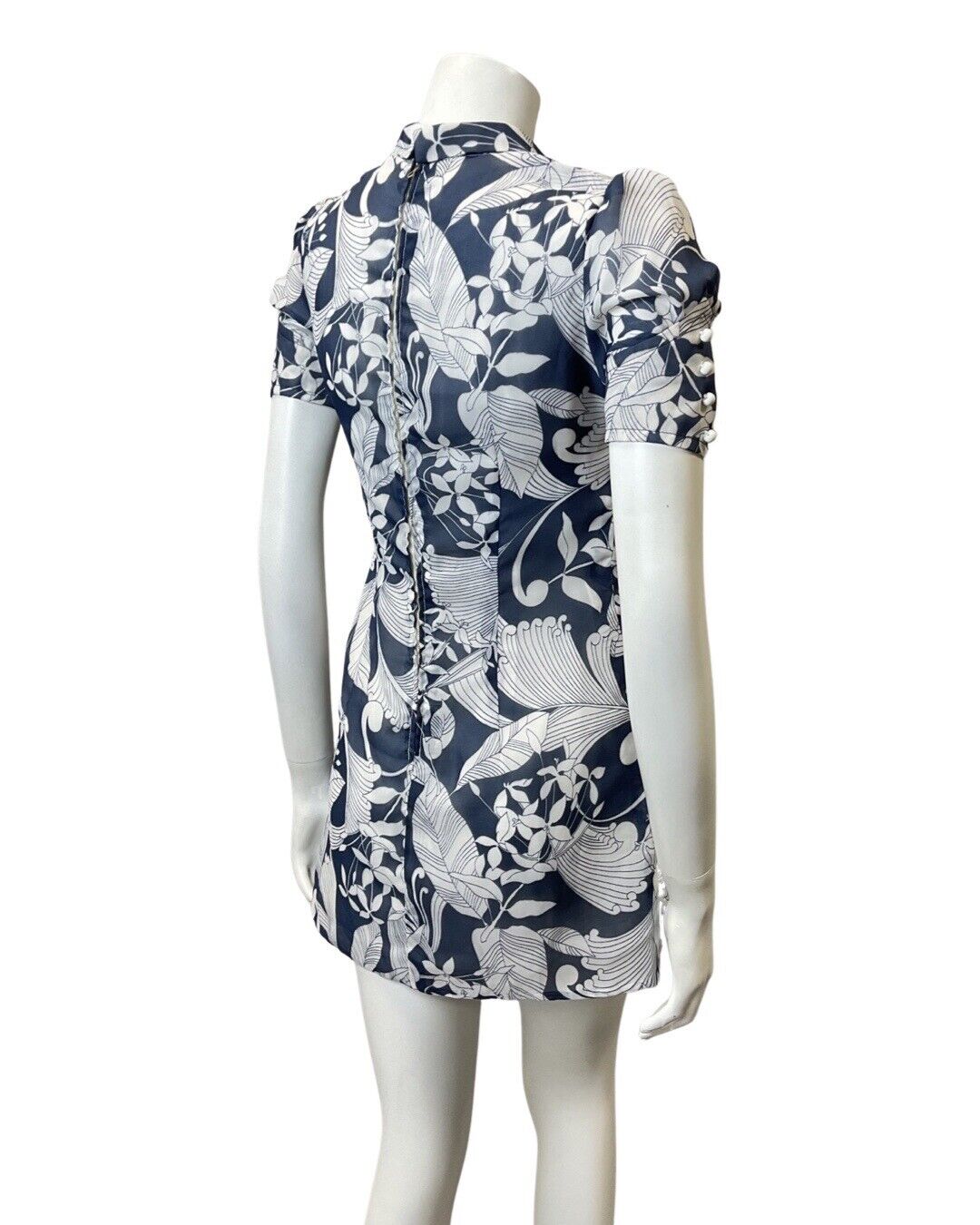 VINTAGE 60s 70s BLUE WHITE FLORAL LEAFY BEAGLE COLLAR MOD MINI DRESS 8 10