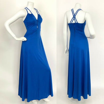 VINTAGE 60s 70s COBALT BLUE SPAGHETTI STRAP CROSS HATCH ELEGANT MAXI DRESS 6