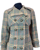 VTG 60s 70s GREEN BEIGE ORANGE CHECKED PLAID DOUBLE-BREASTED MOD WOOL COAT 16