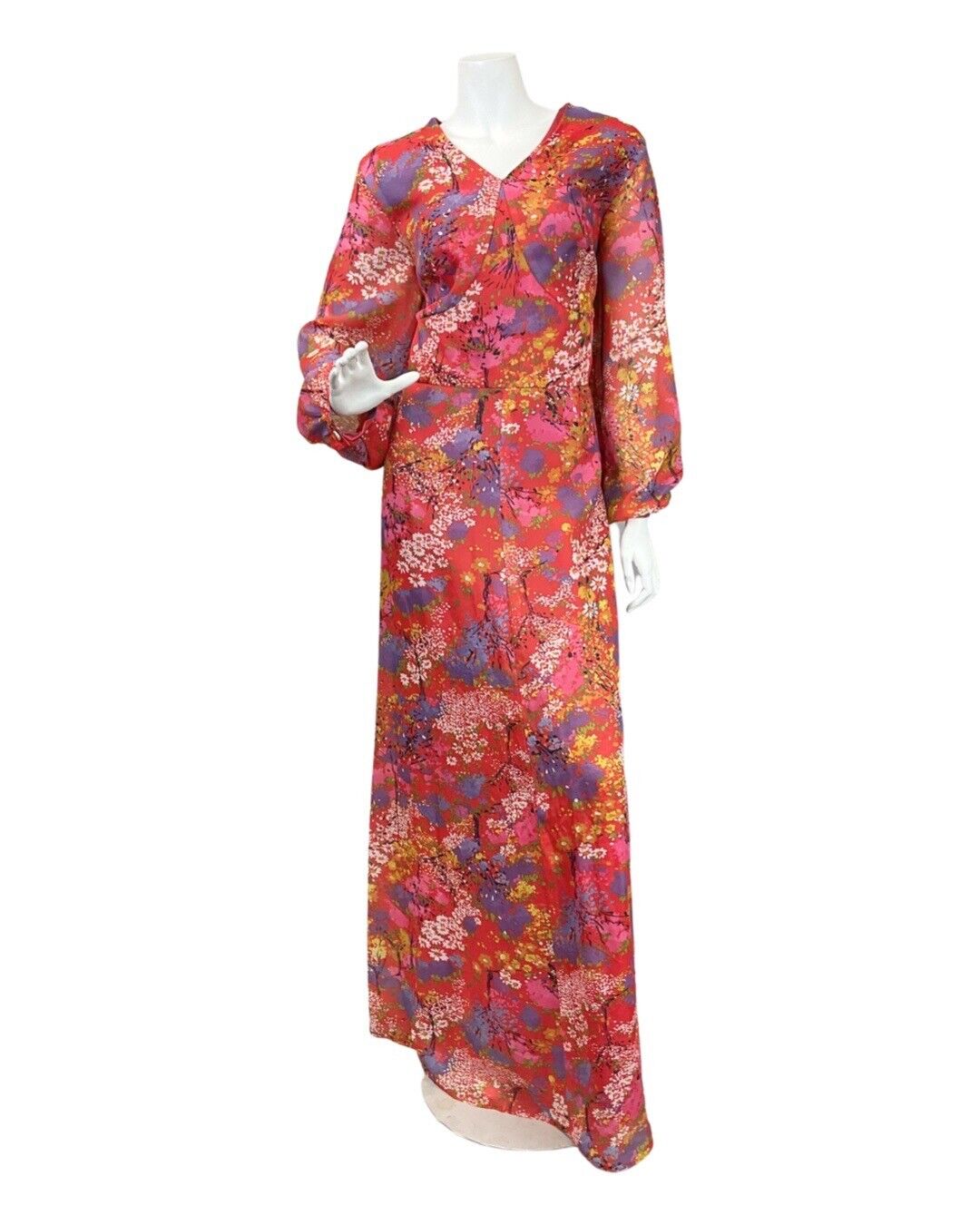 VINTAGE 60s 70s RED PURPLE WHITE DITSY FLORAL PSYCHEDELIC SHEER MAXI DRESS 16 18