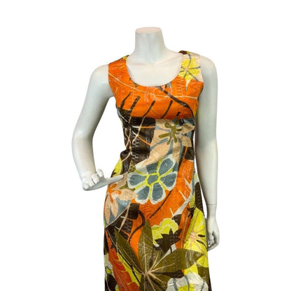 VINTAGE 60s 70s BROWN ORANGE YELLOW PSYCHEDELIC FLORAL LUREX MOD MAXI DRESS 10