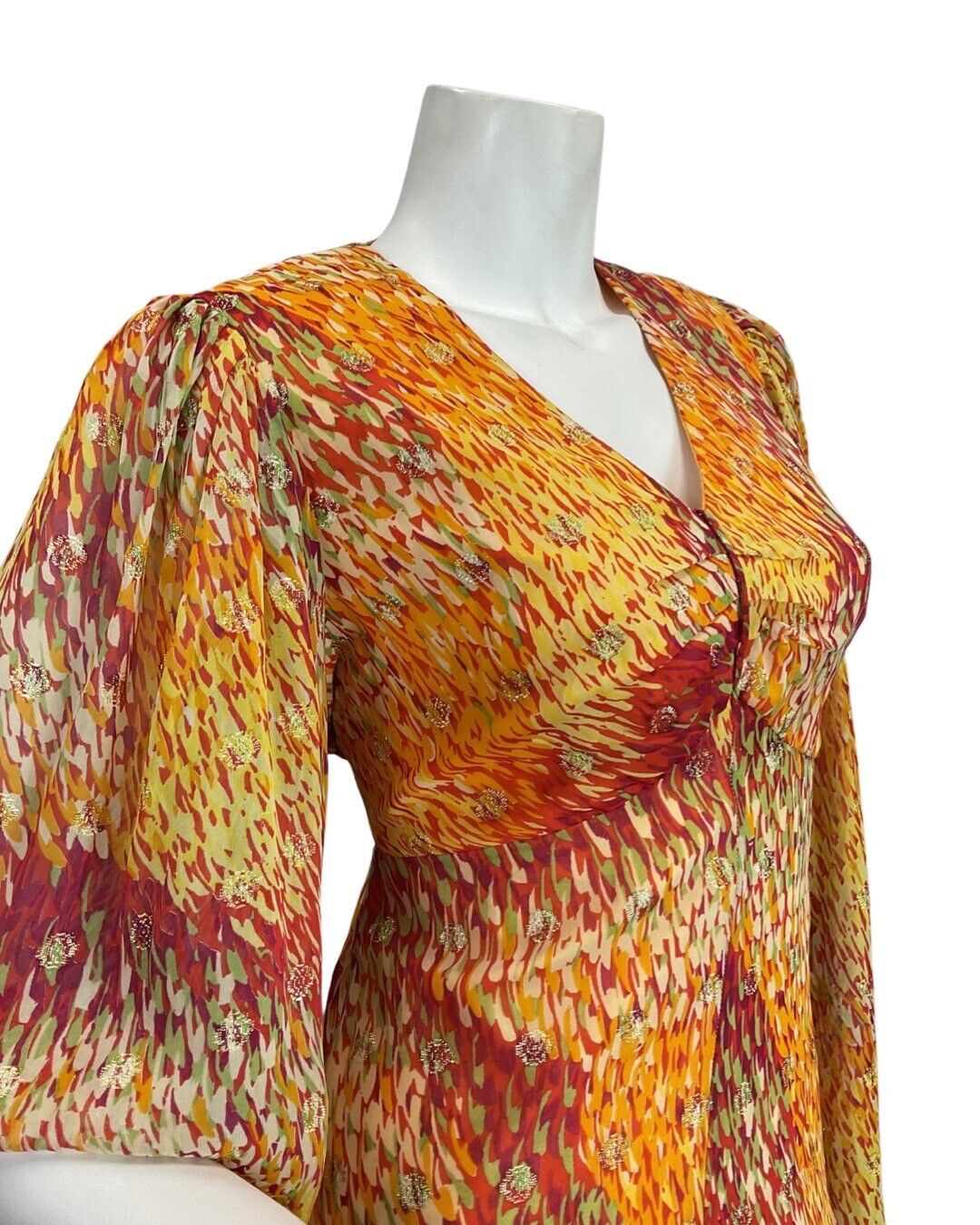 VINTAGE 60s 70s ORANGE GOLD RED PSYCHEDELIC DASH ANGEL SLEEVE MAXI DRESS 10