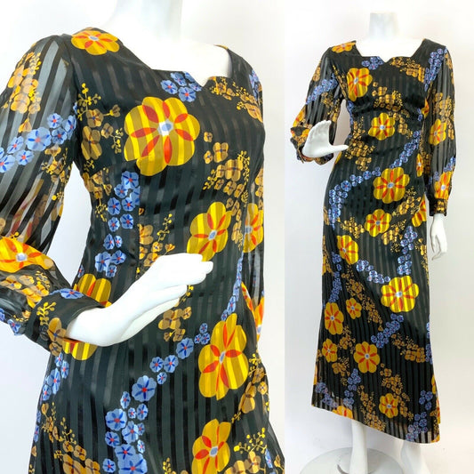 VTG 60s 70s BLACK BLUE YELLOW FLORAL PSYCHE STRIPED SHEER MOD MAXI DRESS 12 14