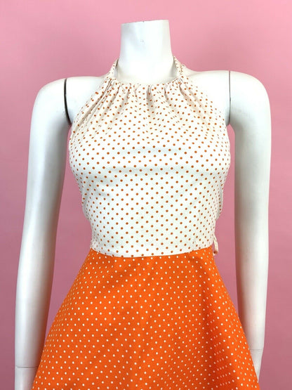 VINTAGE 60s 70s WHITE ORANGE POLKA-DOT MOD HALTER MINI SUMMER DRESS 6 8