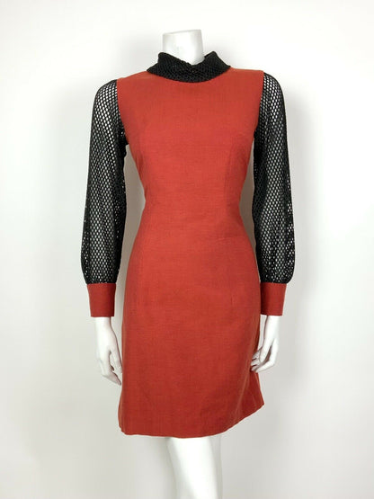 VINTAGE 60s 70s RUST RED BLACK GLITTER MESH FITTED DRESS 8