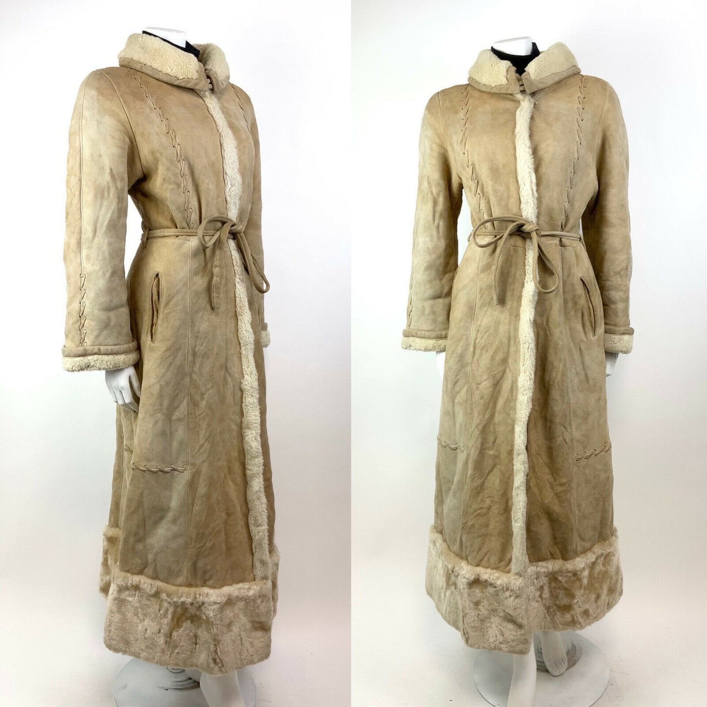 VINTAGE 60s 70s SAND CREAM SUEDE LEATHER SHEARLING BOHO FOLK PRINCESS COAT 10 12