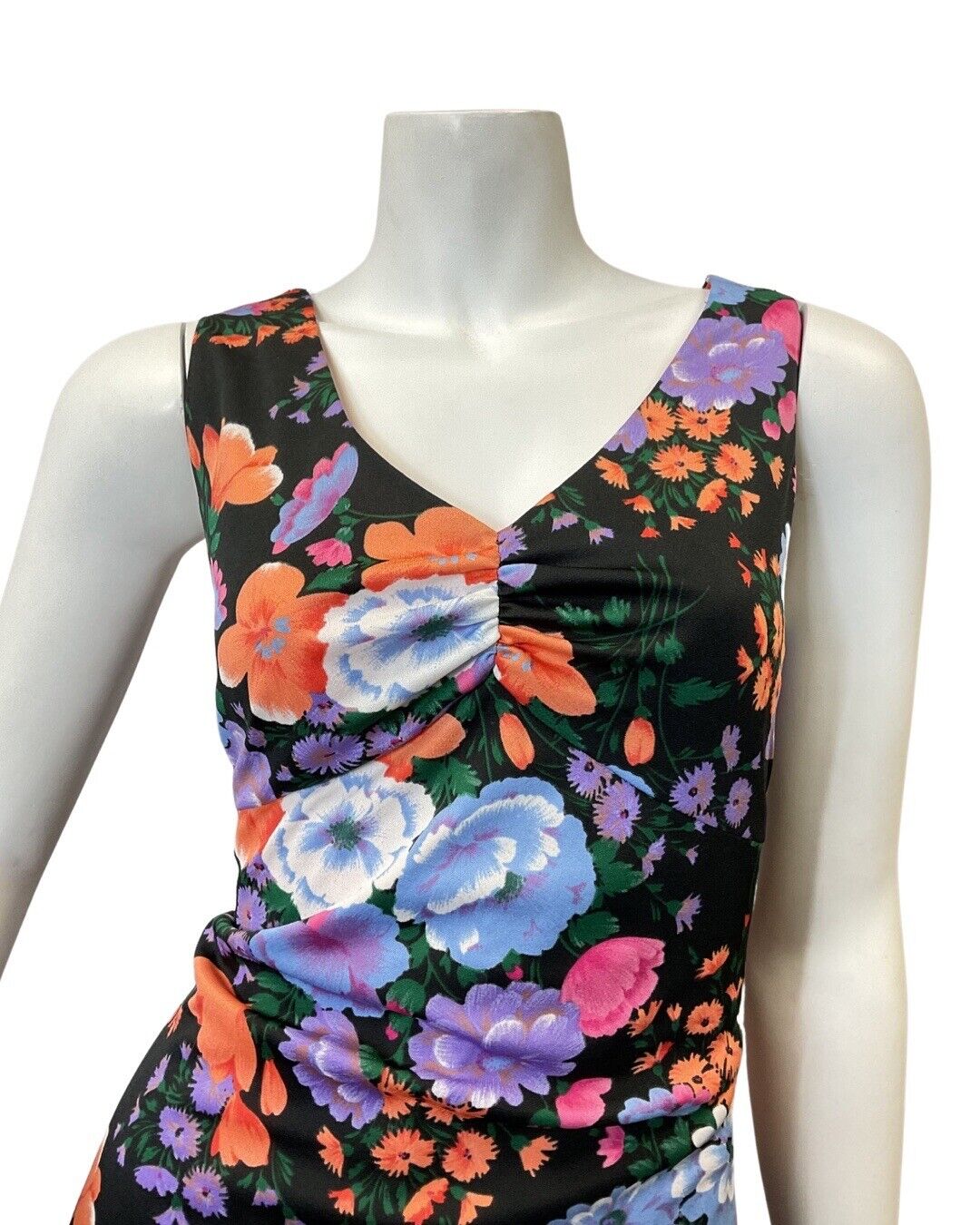 VNITAGE 60s 70s BLACK ORANGE PURPLE FLORAL DITSY SUMMER SLEEVELESS MAXI DRESS 12