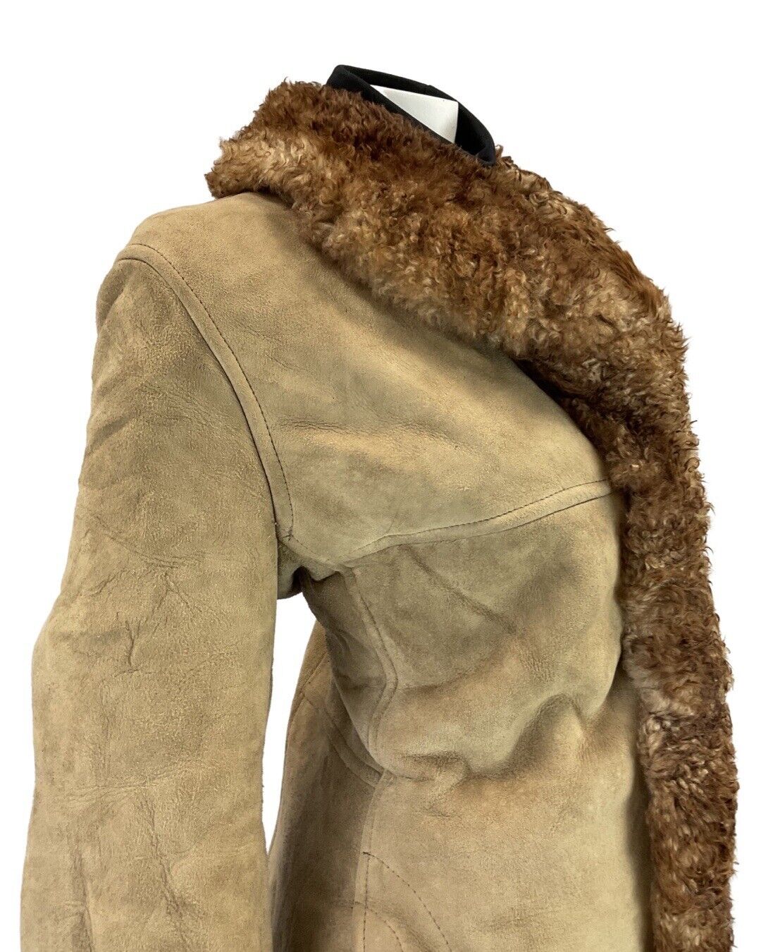 VINTAGE 60s 70s LIGHT BROWN MOD BOHO SUEDE SHEARLING SHORT COAT 14 16