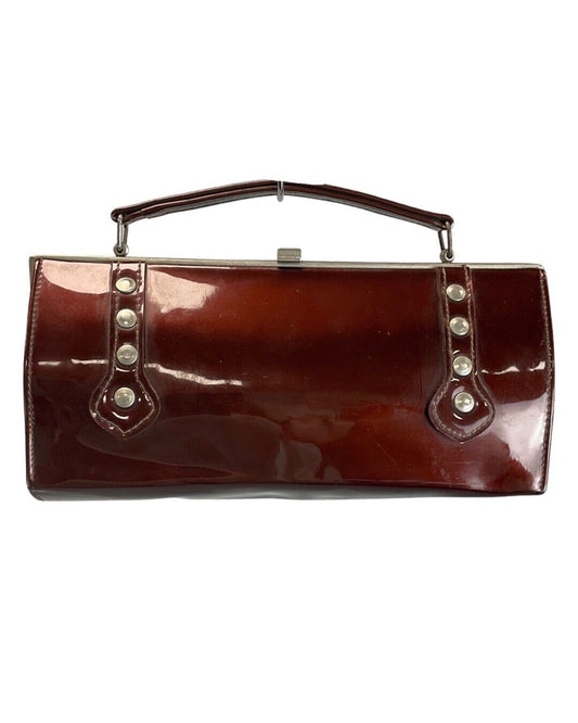 VINTAGE 60s RUSSET BROWN RED SHINY PVC LEATHER MOD MINI BAGUETTE HAND BAG