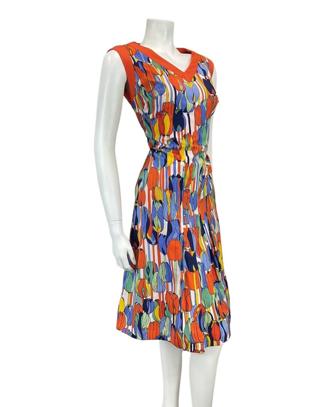 VINTAGE 60s 70s ORANGE BLUE GREEN TULIP FLOWER MOD SLEEVELESS DRESS 12