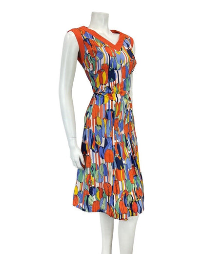 VINTAGE 60s 70s ORANGE BLUE GREEN TULIP FLOWER MOD SLEEVELESS DRESS 12