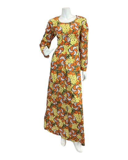 VINTAGE 60s 70s ORANGE YELLOW GREEN PSYCHEDELIC FLORAL SPIRAL MOD MAXI DRESS 12