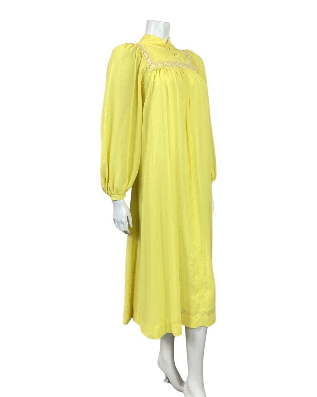 VINTAGE 70s PASTEL YELLOW LACE BOHO PRAIRIE EMPIRE LINE FLARED MIDI DRESS 8