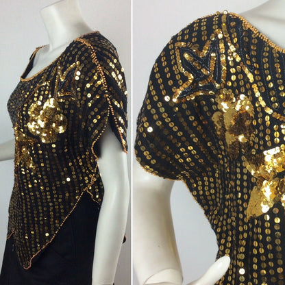 VINTAGE 1970’S BUTTERFLY TOP,BLACK, GOLD SEQUINS, BEADS, DISCO EVENING 8 10