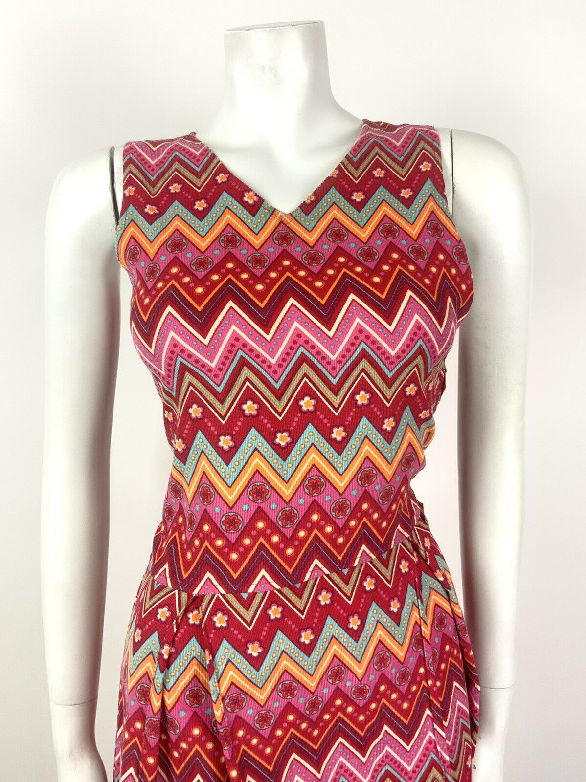 VINTAGE 60s 70s PINK RED BLUE ORANGE ZIG-ZAG FLORAL DAISY PSYCHEDELIC DRESS 4