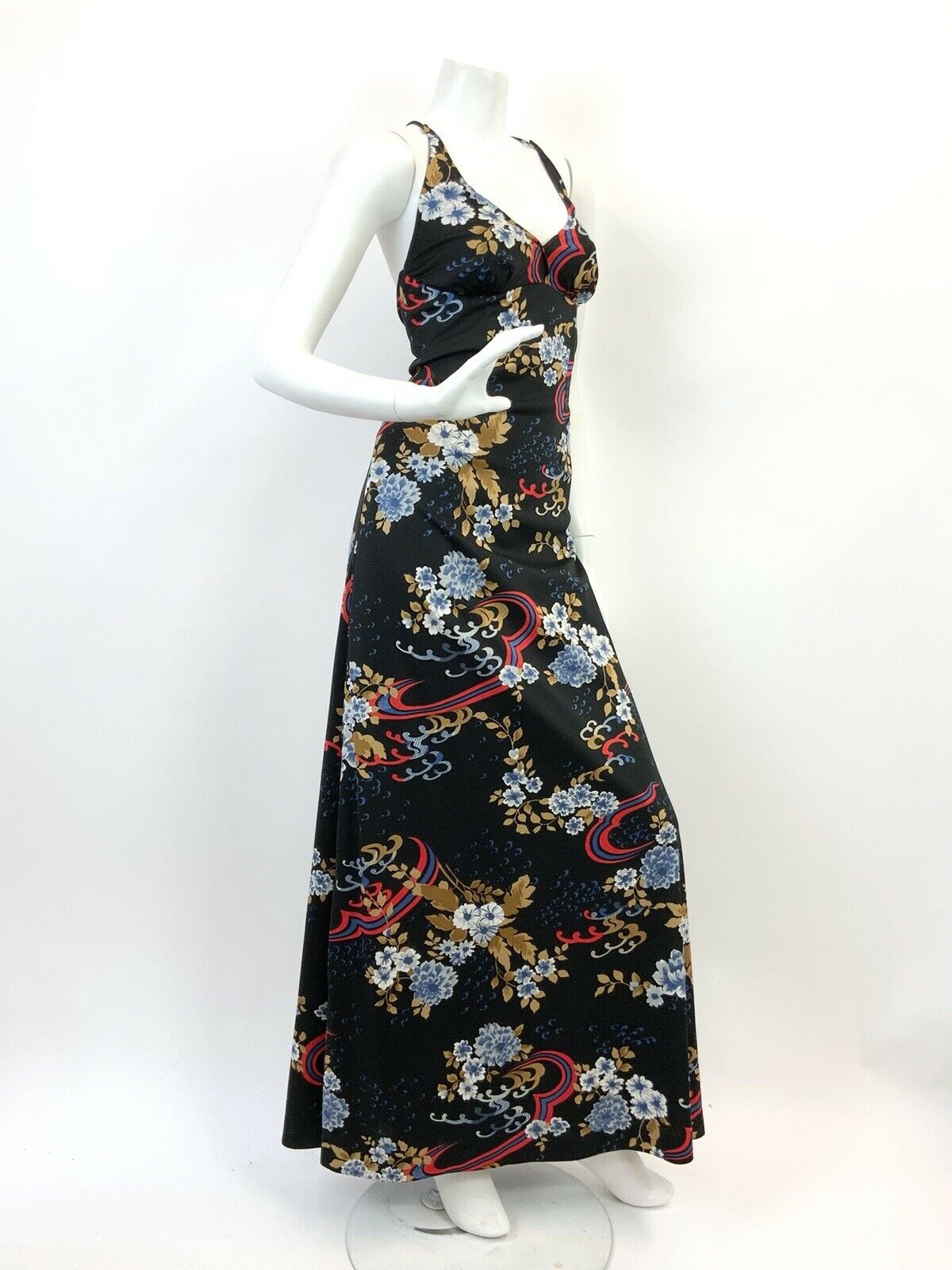 VTG 60s 70s BLACK BLUE RED CREAM FLORAL SWIRL SPAGHETTI SUMMER MAXI DRESS 10 12