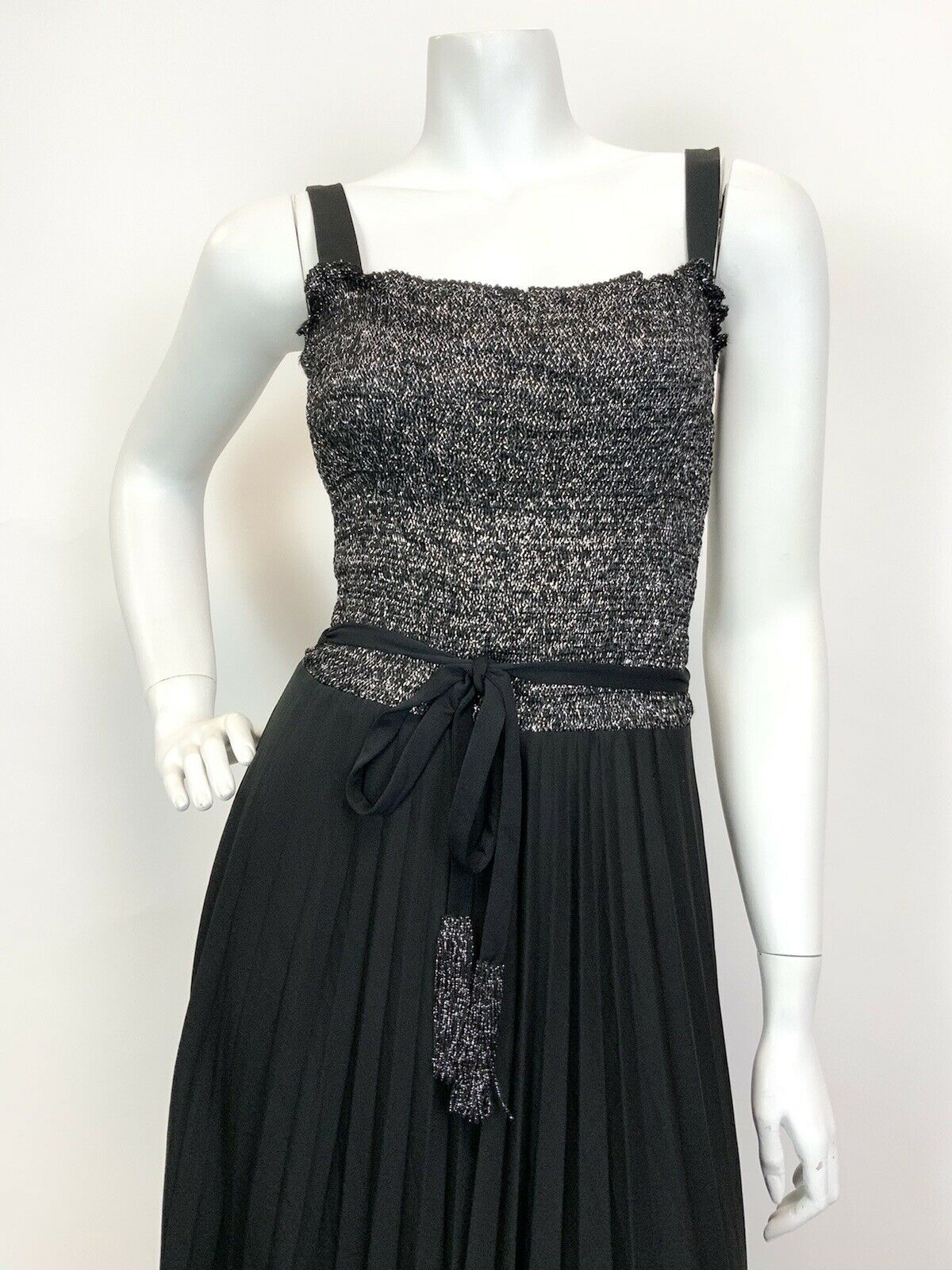 VINTAGE 60s 70s BLACK SILVER DISCO GLAM STUDIO 54 PARTY STRAPPY MAXI DRESS 6 8