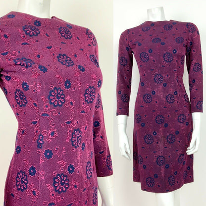 VINTAGE 60s 70s BLUE PURPLE TWO-TONED FLORAL EMBROIDERED WIGGLE DRESS 8