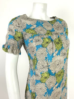 VTG 60s 70s BLUE LIME GREEN CHRYSANTHEMUM  FLORAL PSYCHEDELIC SHIFT DRESS 10 12