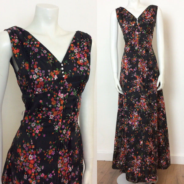 VINTAGE 1970s SLEEVELESS BLACK DITSY FLORAL MAXI DRESS DIAMANTE BUTTONS 8 10