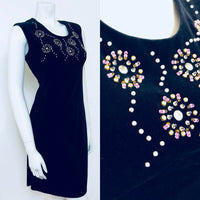 VINTAGE 1960S SEQUIN BLACK VELVET EMBELLISHED MINI DRESS 10 12