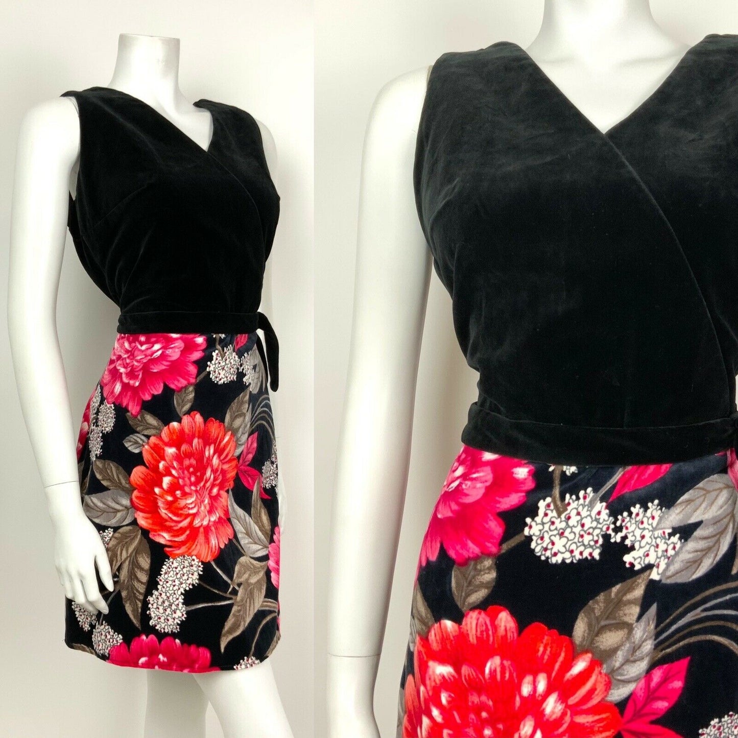 VINTAGE 60s 70s BLACK PINK RED GREY FLORAL VELVET PARTY SHORT DRESS 12 14