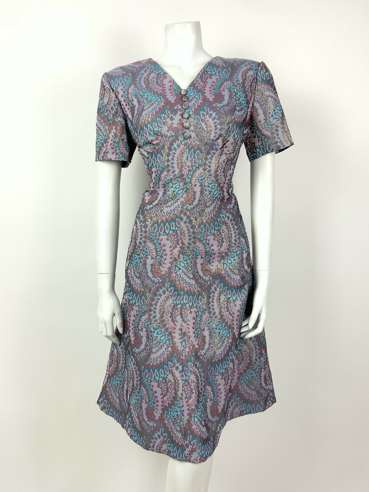 VINTAGE 60s 70s BLUE TURQUOISE PINK GOLD PSYCHEDELIC FLARED DRESS 12 14