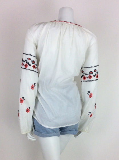 VTG 70s WHITE BLOUSE RED BLACK FLORAL CROSS STITCH HIPPY ETHNIC PEASANT 12 14