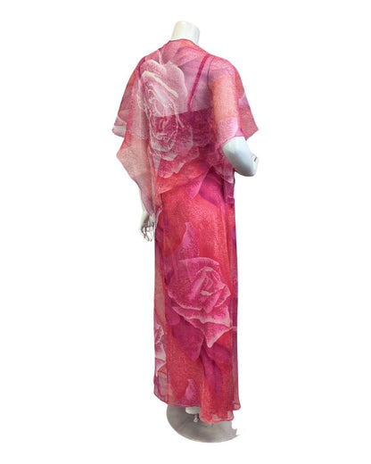 VINTAGE 60s 70s PINK RED WHITE PSYCHEDELIC FLORAL ROSE SHAWL MAXI DRESS 8 10