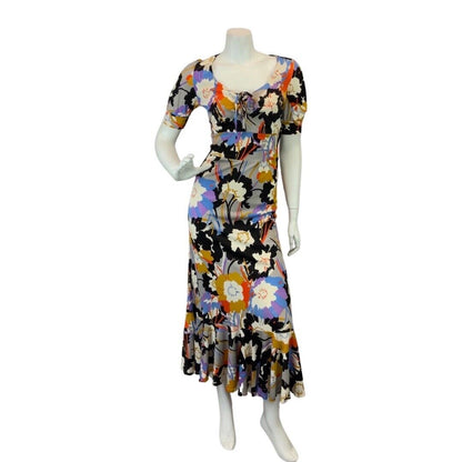 VINTAGE 60s 70s BLACK WHITE BLUE PSYCHEDELIC FLORAL RUFFLE MOD MIDI DRESS 6