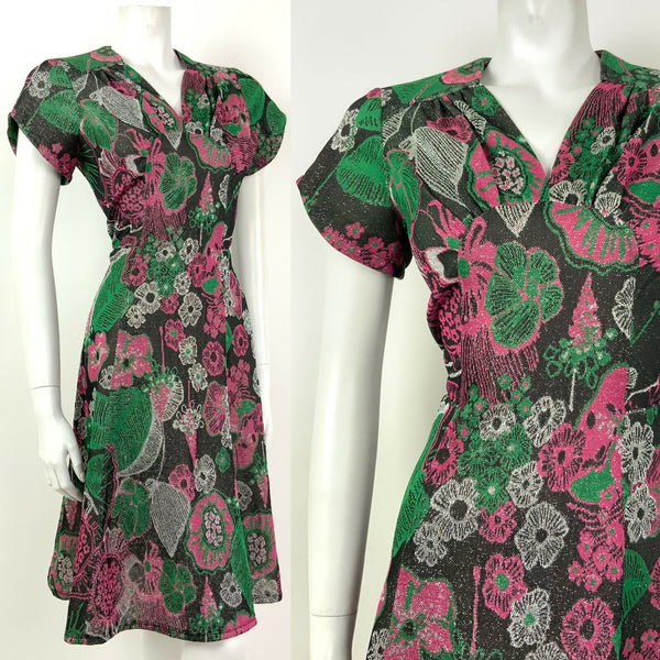 VINTAGE 60s 70s BLACK GREEN PINK SILVER GLITTER FLORAL PARTY SWING DRESS 12 14