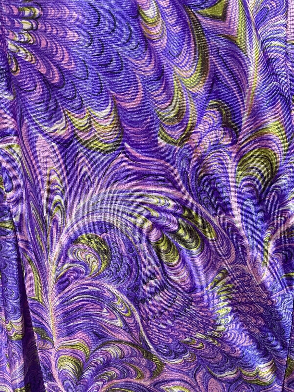 VINTAGE 70s PURPLE PINK BLUE PSYCHEDELIC FEATHER NOUVEAU EMPIRE MAXI DRESS 10