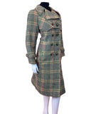 VTG 60s 70s GREEN BEIGE ORANGE CHECKED PLAID DOUBLE-BREASTED MOD WOOL COAT 16