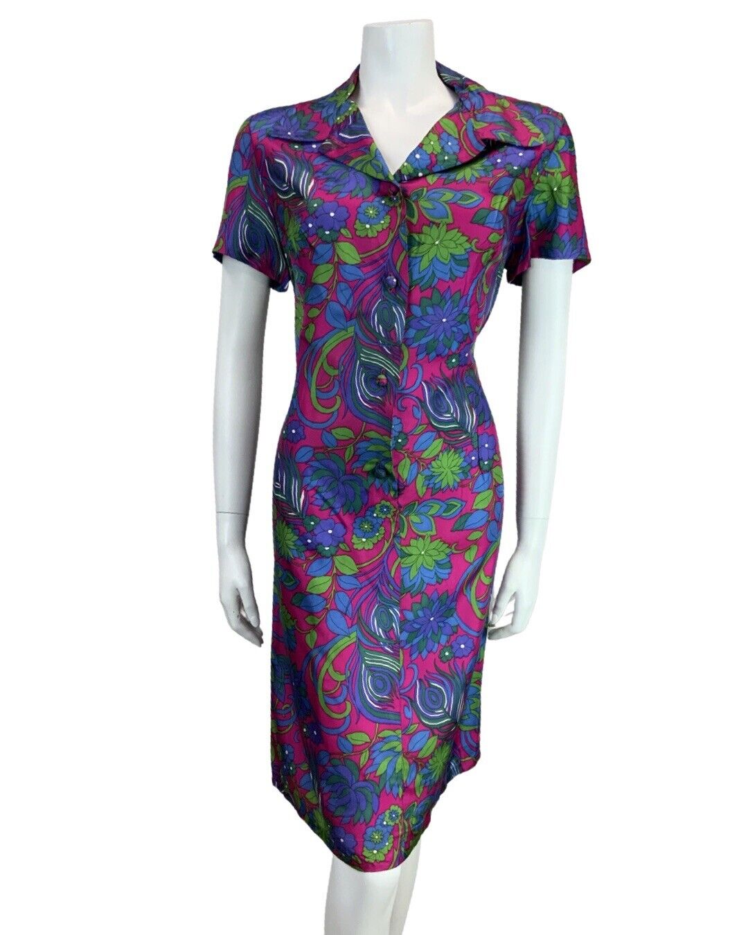 VINTAGE 60s 70s PURPLE BLUE GREEN PSYCHEDELIC BIG COLLAR MIDI SHIRT DRESS 16