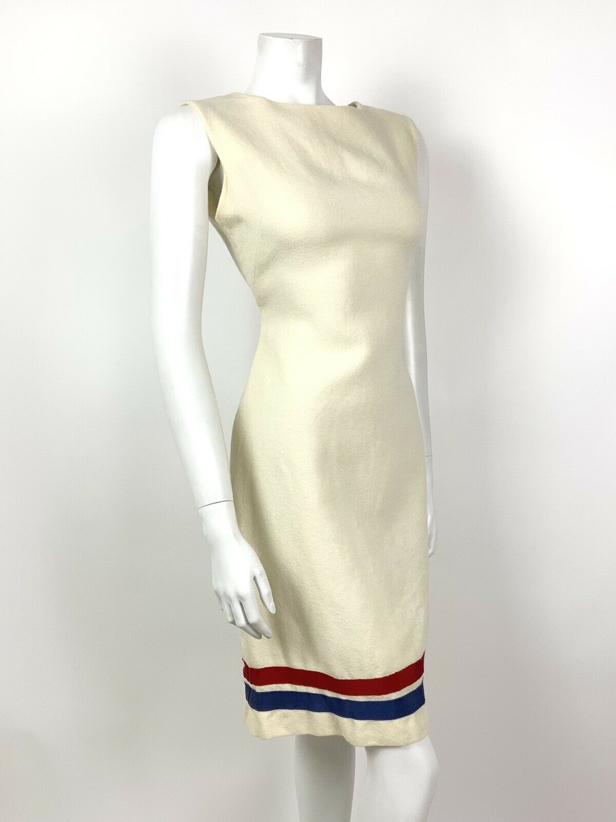 VINTAGE 60s 70s CREAM BLUE RED STRIPE MOD SLEEVELESS NAUTICAL DRESS 10 12