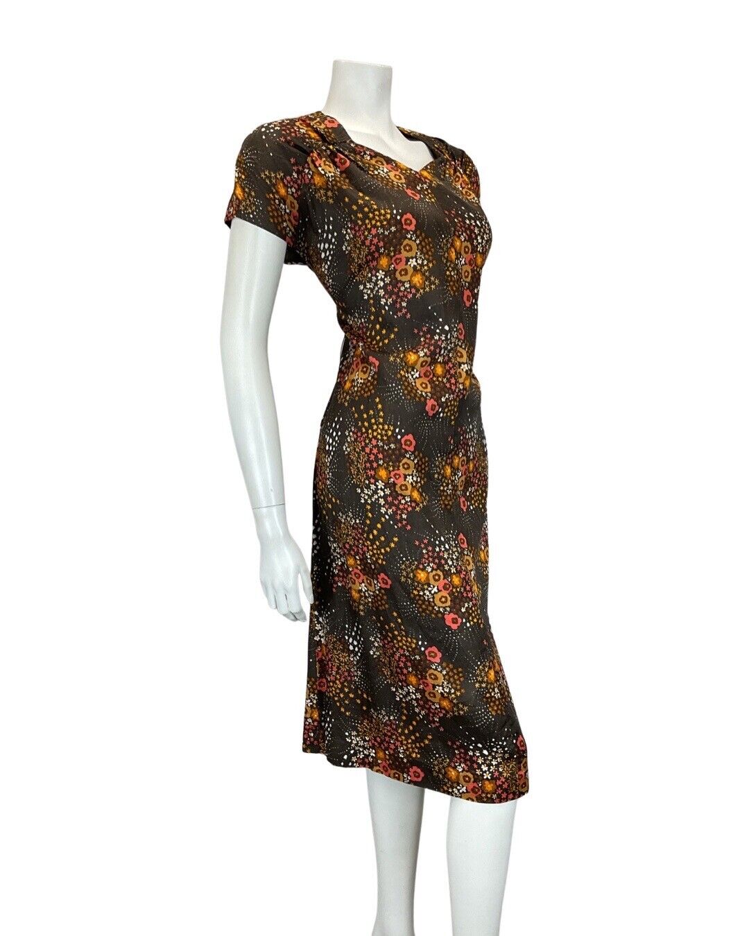 VINTAGE 60s 70s BROWN ORANGE DITSY DAISY FLOWER MOD CAP SLEEVE DRESS 12 14