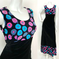 VTG 60s 70s BLACK BLUE PURPLE PINK PSYCHEDELIC FLOWER VELVET MAXI DRESS 8