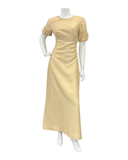 VINTAGE 60s 70s CREAM PEARL EMPIRE LINE MOD PARTY PUFF SLEEVE MAXI DRESS 10