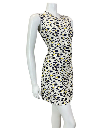 VINTAGE 60s 70s WHITE BLUE YELLOW PSYCHEDELIC MOD SLEEVELESS SHIFT DRESS 10