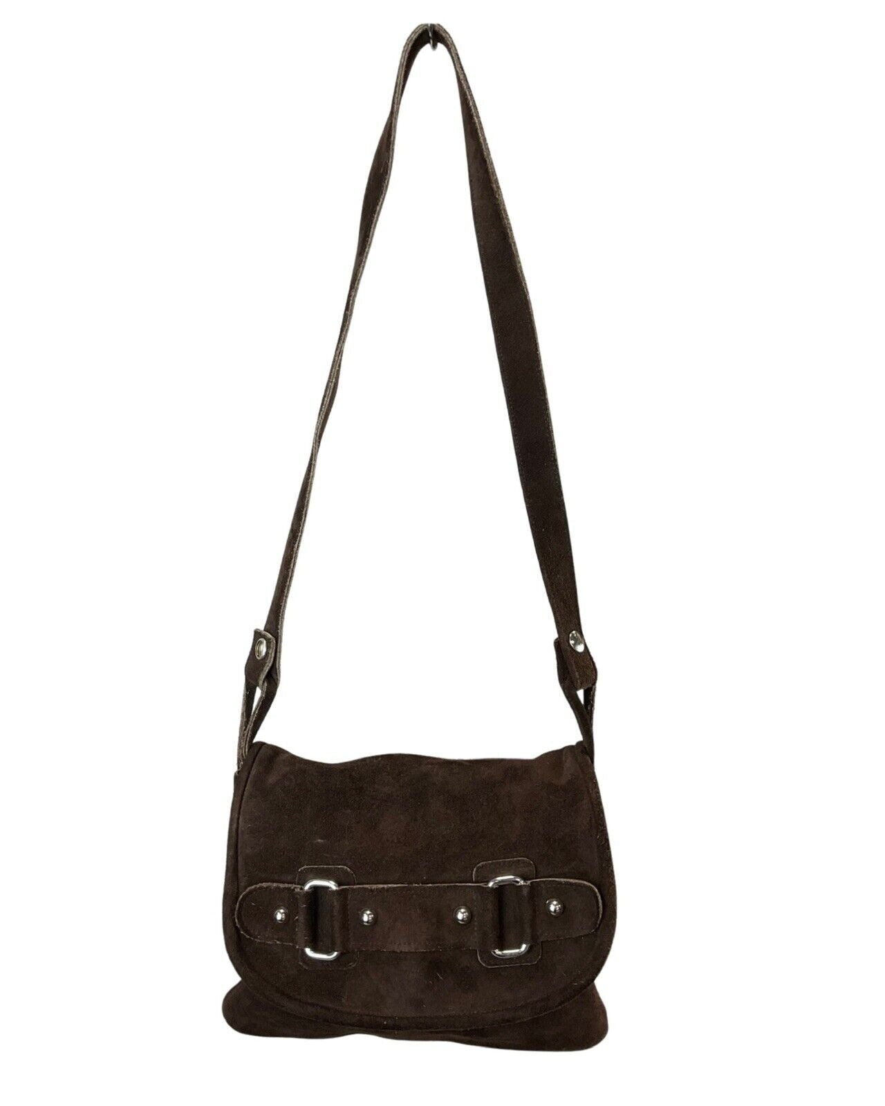 VINTAGE 60s 70s DARK BROWN SILVER SUEDE LEATHER MOD BOHO SMALL SHOULDER BAG