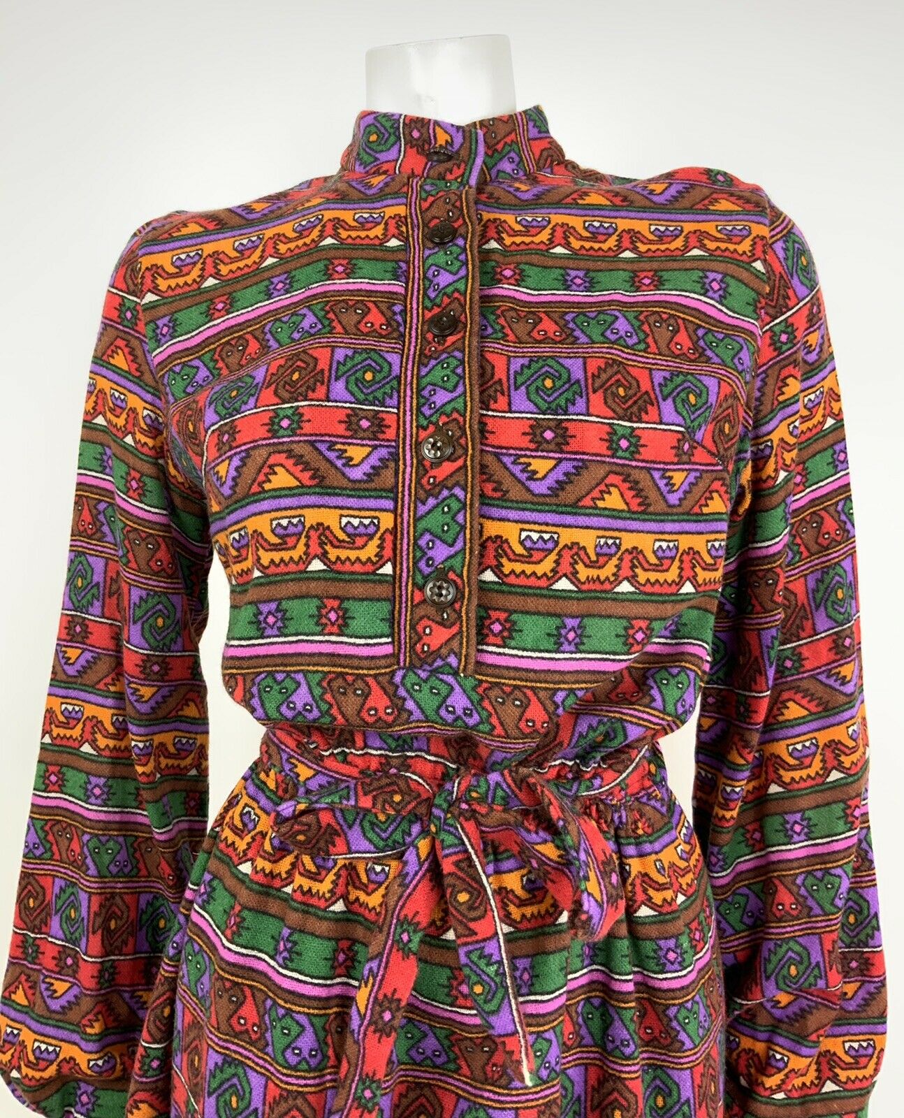 VTG 60s 70s PURPLE RED GREEN YELLOW AZTEC GEOMETRIC TRIBAL DRESS 8 10 12