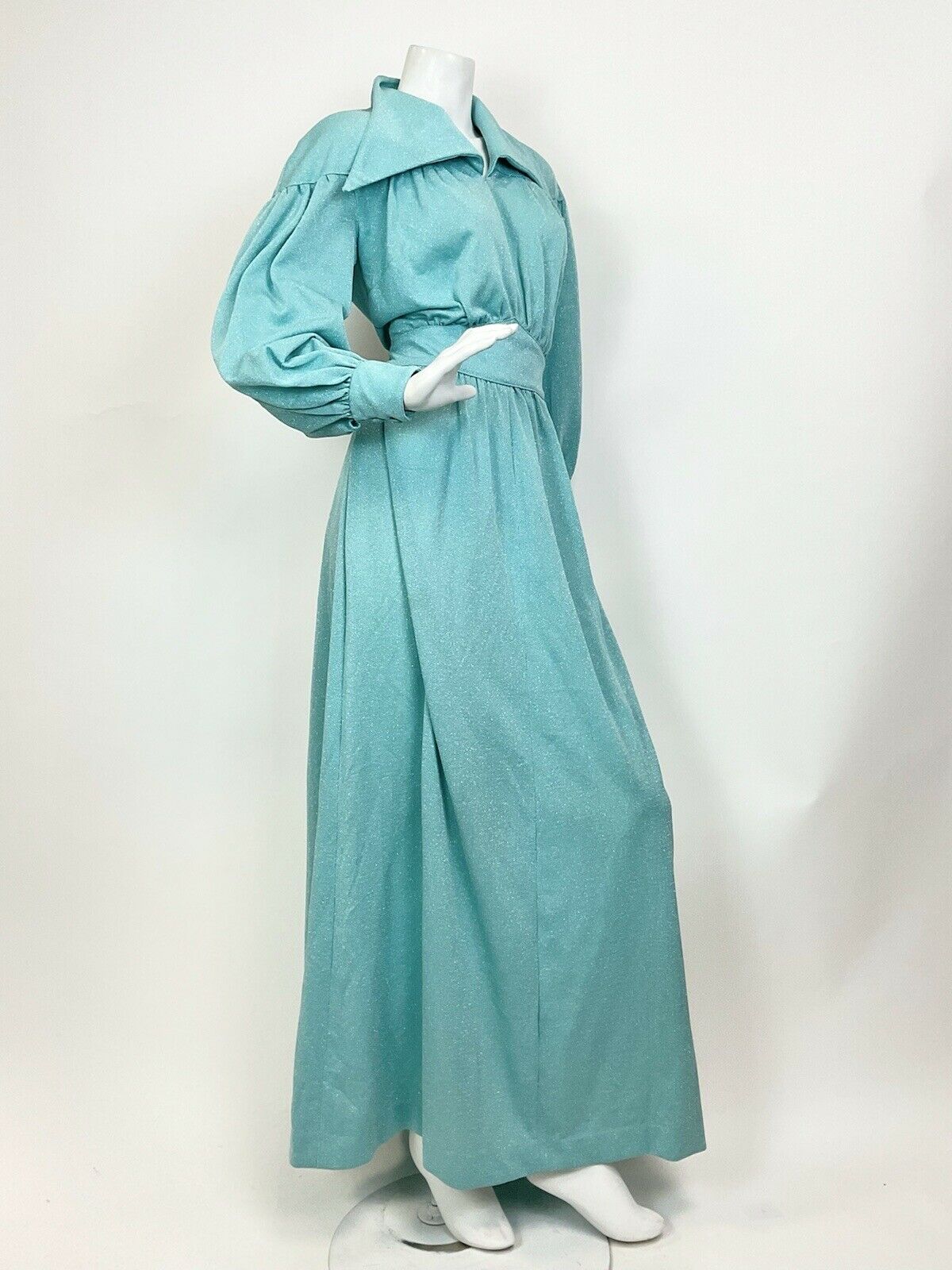 VTG 60s 70s BABY BLUE LUREX GLITTERY MOD STUDIO 54 DAGGER SHIRT MAXI DRESS 10