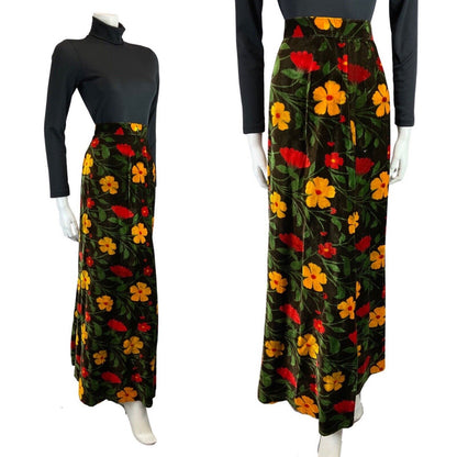 VINTAGE 60s 70s BROWN RED YELLOW FLORAL DAISY MOD BOHO VELVET MAXI SKIRT 8